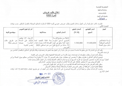 اعلان طلب عروض عمومي للمرّة الثالثة لاستلزام المعاليم الموظفة داخل سوق الجملة