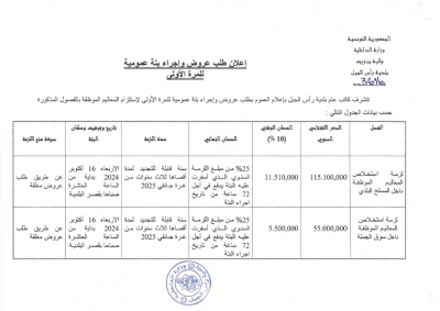 إعلان طلب عروض وإجراء بتّة عموميّة للمرّة الأولى لإستلزام المعاليم الموظفة ...